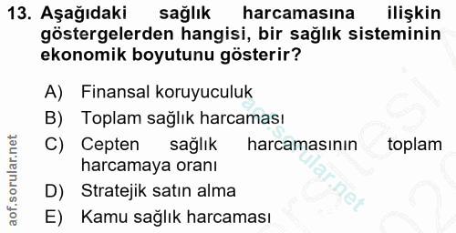13. soru: Aşağıdaki sağlık harcamasına ilişkin göstergelerden hangisi, bir sağlık sisteminin ekonomik boyutunu gösterir? A) Fin…