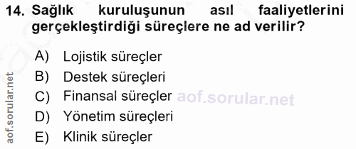 14. soru: Sağlık kuruluşunun asıl faaliyetlerini gerçekleştirdiği süreçiere ne ad verilir? A) Lojistik süreçler B) Destek süreç…