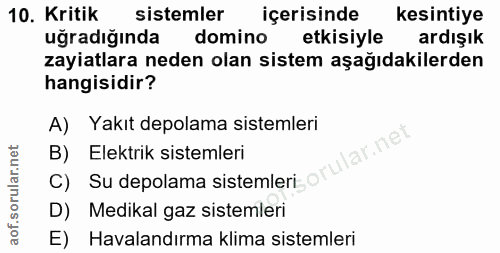 10. soru: Kritik sistemler içerisinde kesintiye uğradığında domino etkisiyle ardışık zayiatlara neden olan sistem aşağıdakilerd…