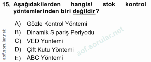 15. soru: Aşağıdakilerden hangisi stok kontrol yöntemlerinden biri değildir? A) Gözle Kontrol Yöntemi B) Dinamik Sipariş Periyo…