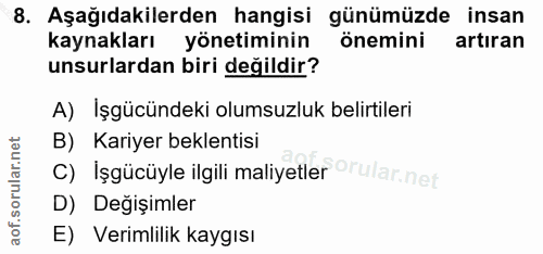 8. soru: Aşağıdakilerden hangisi günümüzde insan kaynakları yönetiminin önemini artiran unsurlardan biri değildir? A) Işgücünd…