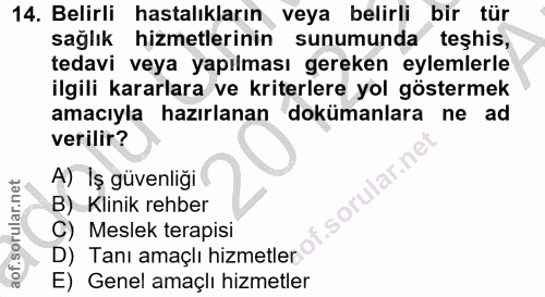 14. soru: Belirli hastalıkların veya belirli bir tür sağlık hizmetlerinin sunumunda teshis, tedavi veya yapılması gereken eylem…