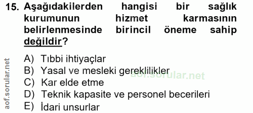 15. soru: Aşağıdakilerden hangisi bir sağlık kurumunun hizmet karmasının belirlenmesinde birincil öneme sahip değildir? A) Tıbb…