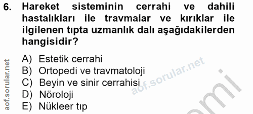 6. soru: Hareket sisteminin cerrahi ve dahili hastalıkları ile travmalar ve kırıklar ile ilgilenen tıpta uzmanlık dalı aşağıda…