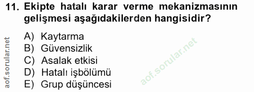 11. soru: Ekipte hatalı karar verme mekanizmasının gelişmesi aşağıdakilerden hangisidir? A) Kaytarma B) Güvensizlik C) Asalak e…