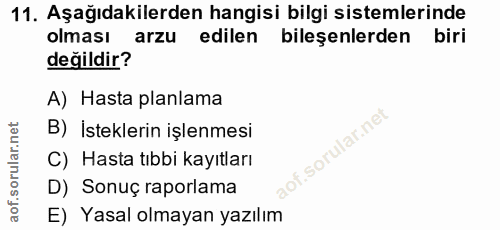 11. soru: Aşağıdakilerden hangisi bilgi sistemlerinde olması arzu edilen bileşenlerden biri değildir? A) Hasta planlama B) İste…