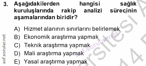 3. soru: Aşağıdakilerden hangisi sağlık kuruluşlarında rakip analizi sürecinin aşamalarından biridir? A) Hizmet alanının sınır…
