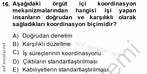 16. soru: Aşağıdaki örgüt içi koordinasyon mekanizmalarından hangisi işi yapan insanların doğrudan ve karşılıklı olarak sağladı…