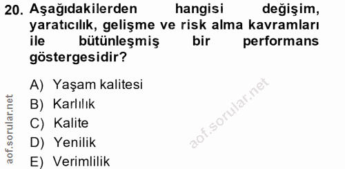 20. soru: Aşağıdakilerden hangisi değişim, yaratıcik, inlesme ve risk alma kavormans bütünleşmiş performans göstergesidir? A) Y…