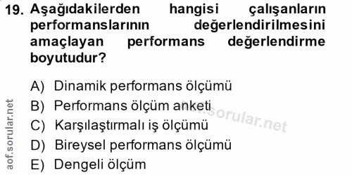 19. soru: Aşağıdakilerden hangisi çalışanların performanslarının değerlendirilmesini amaçlayan performans değerlendirme boyutud…