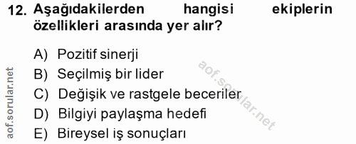 12. soru: Aşağıdakilerden hangisi ekiplerin özellikleri arasında yer alır? A) Pozitif sinerji B) Seçilmiş bir lider D) Bilgiyi…