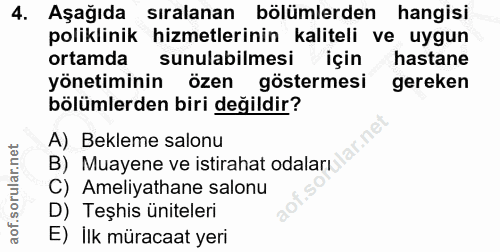 4. soru: Aşağıda sıralanan bölümlerden hangisi poliklinik hizmetlerinin kaliteli ve uygun ortamda sunulabilmesi için hastane y…