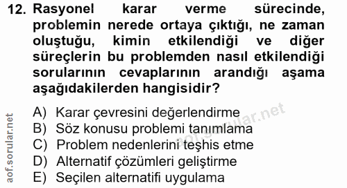 12. soru: Rasyonel karar verme sürecinde, problemin nerede ortaya çıktığı, ne zaman oluştuğu, kimin etkilendiği ve diğer süreçl…