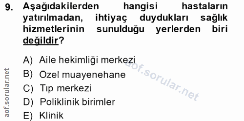 9. soru: Aşağıdakilerden hangisi hastaların yatırılmadan, ihtiyaç duydukları sağlık hizmetlerinin sunulduğu yerlerden biri değ…