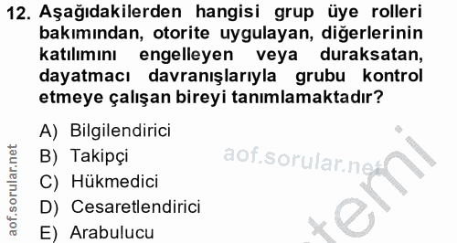 12. soru: Aşağıdakilerden hangisi grup üye rolleri bakımından, otorite uygulayan, diğerlerinin Katılımını engelleyen veya durak…