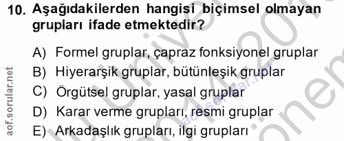 10. soru: Aşağıdakilerden hangisi biçimsel olmayan grupları ifade etmektedir? A) Formel gruplar, çapraz fonksiyonel gruplar B)…