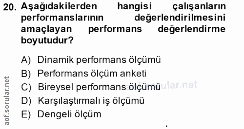 20. soru: Aşağıdakilerden hangisi çalışanların performanslarının değerlendirilmesini amaçlayan performans değerlendirme boyutud…