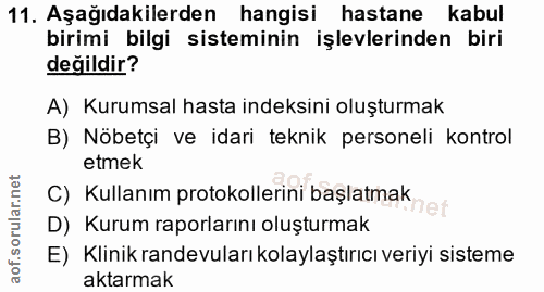 11. soru: Aşağıdakilerden hangisi hastane kabul birimi bilgi sisteminin işlevlerinden biri değildir? A) Kurumsal hasta indeksin…
