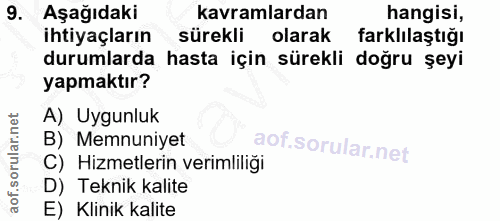 9. soru: Aşağıdaki kavramlardan hangisi, ihtiyaçların sürekli olarak farklılaştığı durumlarda • hasta için sürekli doğru şeyi…
