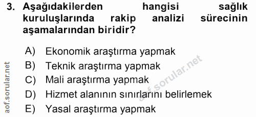 3. soru: Aşağıdakilerden hangisi sağlık kuruluşlarında rakip analizi sürecinin aşamalarından biridir? A) Ekonomik araştırma ya…
