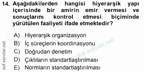 14. soru: Aşağıdakilerden hangisi hiyerarşik yapı içerisinde bir amirin emir vermesi ve sonuçlarını kontrol etmesi biçiminde yü…