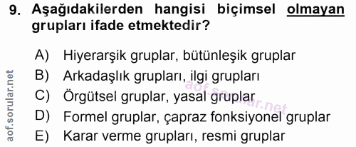 9. soru: Aşağıdakilerden hangisi biçimsel olmayan grupları ifade etmektedir? A) Hiyerarşik gruplar, bütünleşik gruplar B) Arka…