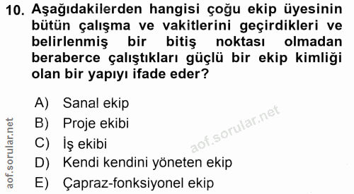 10. soru: Aşağıdakilerden hangisi çoğu ekip üyesinin bütün çalışma ve vakitlerini geçirdikleri ve belirlenmiş bir bitiş noktası…