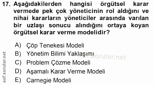 17. soru: Aşağıdakilerden hangisi örgütsel karar vermede pek çok yöneticinin rol aldığını ve nihai kararların yöneticiler arası…