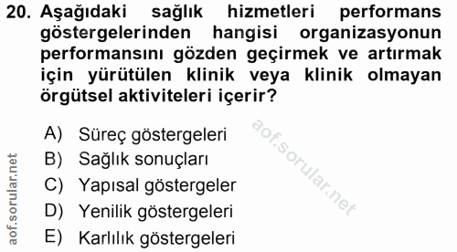 20. soru: Aşağıdaki sağlık hizmetleri performans göstergelerinden hangisi organizasyonun performansını gözden geçirmek ve artır…