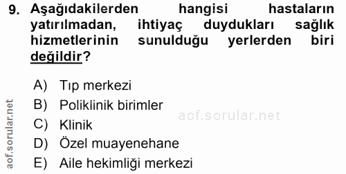 9. soru: Aşağıdakilerden hangisi hastaların yatırılmadan, ihtiyaç duydukları sağlık hizmetlerinin sunulduğu yerlerden biri değ…