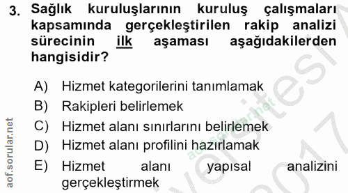 3. soru: 3. Sağlık kuruluşlarının kuruluş çalışmaları kapsamında gerçekleştirilen rakip analizi sürecinin ilk aşaması aşağıdak…