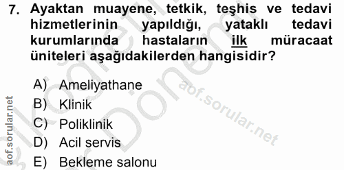 7. soru: Ayaktan muayene, tetkik, teşhis ve tedavi hizmetlerinin yapıldığı, yataklı tedavi kurumlarında hastaların ilk müracaa…