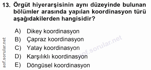 13. soru: Örgüt hiyerarşisinin aynı düzeyinde bulunan bölümler arasında yapılan koordinasyon türü aşağıdakilerden hangisidir? A…