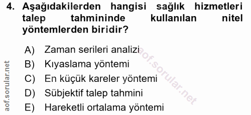 4. soru: Aşağıdakilerden hangisi sağlık hizmetleri talep tahmininde kullanılan nitel yöntemlerden biridir? A) Zaman serileri a…