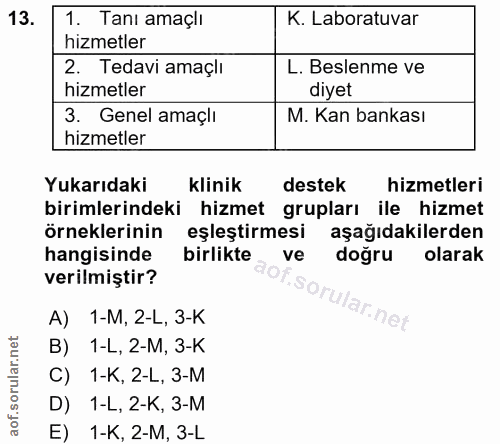 13. soru: 1. Tanı amaçlı K. Laboratuvar hizmetler 2. Tedavi amaçlı L. Beslenme ve hizmetler diyet 3. Genel amaçlı M. Kan bankas…