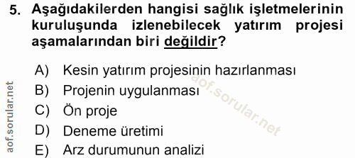 5. soru: Aşağıdakilerden hangisi sağlık işletmelerinin kuruluşunda izlenebilecek yatırım projesi aşamalarından biri değildir?…