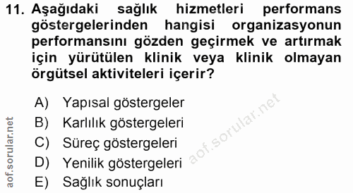 11. soru: Aşağıdaki sağlık hizmetleri performans göstergelerinden hangisi organizasyonun performansını gözden geçirmek ve artır…