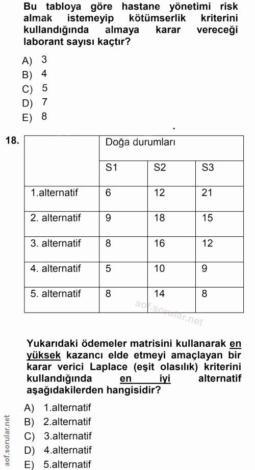 18. soru: Bu tabloya göre hastane yönetimi risk almak istemeyip kötümserlik kriterini kullandığında almaya karar vereceği labor…