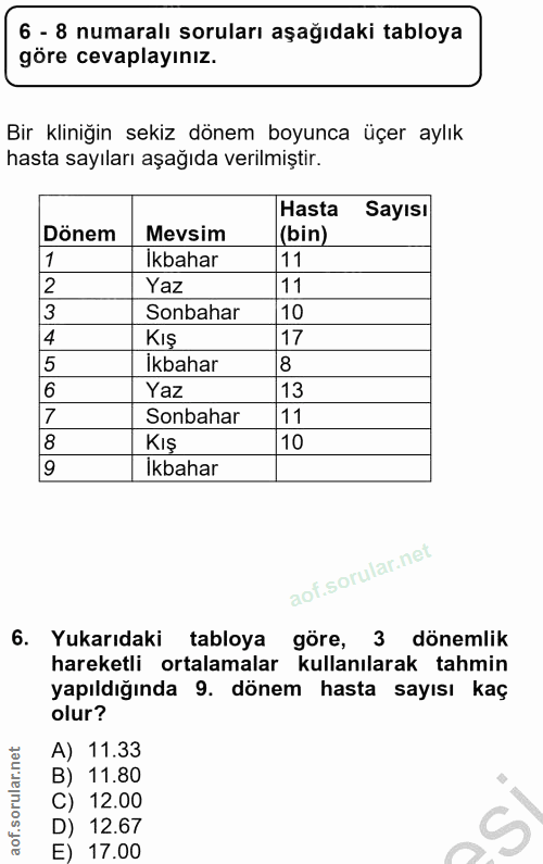 6. soru: 6 - 3 numaralı soruları aşağıdaki tabloya göre cevaplayınız. Bir kliniğin sekiz dönem boyunca üçer aylık hasta sayıla…