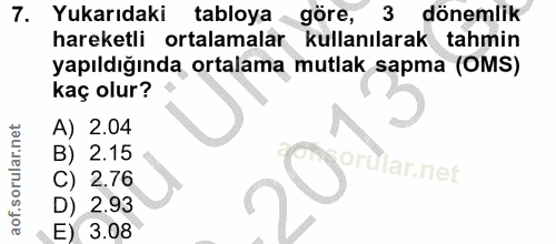 7. soru: Yukarıdaki tabloya göre, 3 dönemlik hareketli ortalamalar kullanılarak tahmin yapıldığında ortalama mutlak sapma (OMS…
