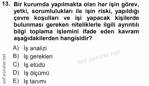 13. soru: Bir kurumda yapılmakta olan her işin görev, yetki, sorumlulukları ile işin riski, yapıldığı çevre koşulları ve işi ya…