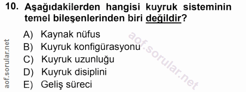 10. soru: Aşağıdakilerden hangisi kuyruk sisteminin temel bileşenlerinden biri değildir? A) Kaynak nüfus B) Kuyruk konfigürasyo…