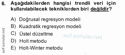 6. soru: Aşağıdakilerden hangisi trendli veri için kullanılabilecek tekniklerden biri değildir? A) Dogrusal regresyon modeli B…