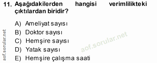 11. soru: Aşağıdakilerden hangisi verimlilikteki çıktılardan biridir? A) Ameliyat sayısı B) Doktor sayısı C) Hemşire sayısı D)…