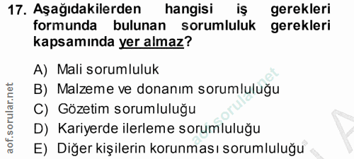 17. soru: Aşağıdakilerden hangisi iŞ gerekleri formunda bulunan sorumluluk gerekleri kapsamında yer almaz? A) Mali sorumluluk B…