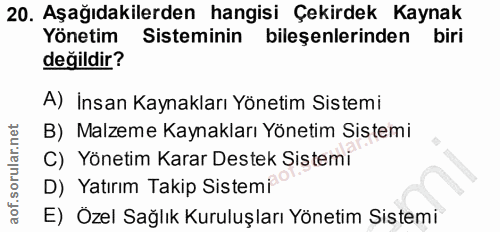 20. soru: Aşağıdakilerden hangisi Çekirdek Kaynak Yönetim Sisteminin bileşenlerinden biri değildir? A) İnsan Kaynakları Yönetim…