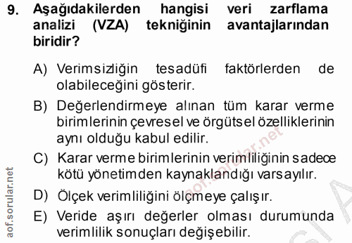 9. soru: Aşağıdakilerden hangisi veri zarflama analizi (VZA) tekniginin avantajlarından biridir? A) Verimsizliğin tesadüfi fak…