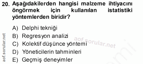 20. soru: Aşağıdakilerden hangisi malzeme ihtiyacını öngörmek için kullanılan istatistiki yöntemlerden biridir? A) Delphi tekni…