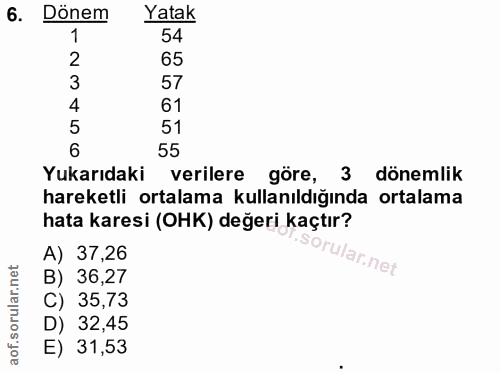 6. soru: Dönem Yatak 54 2 65 3 57 4 61 5 51 6 55 Yukarıdaki verilere göre, 3 dönemlik hareketli ortalama kullanıldığında ortal…