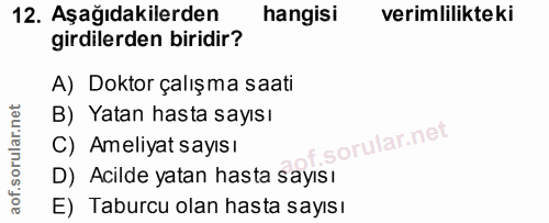 12. soru: Aşağıdakilerden hangisi verimlilikteki girdilerden biridir? A) Doktor çalışma saati B) Yatan hasta sayısı C) Ameliyat…